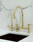 Unlacquered Brass Bridge Kitchen Faucet with Cold Water Faucet, Sprayer - BRASSANOD