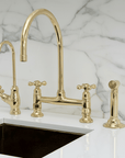 Unlacquered Brass Bridge Kitchen Faucet with Cold Water Faucet, Sprayer - BRASSANOD