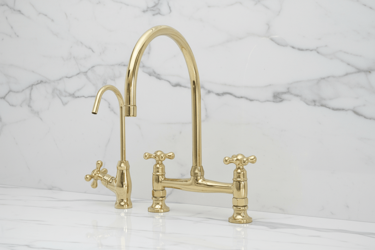 Unlacquered Brass Bridge Kitchen Faucet with Cold Water Faucet, Sprayer - BRASSANOD