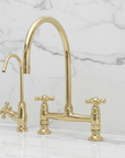 Unlacquered Brass Bridge Kitchen Faucet with Cold Water Faucet, Sprayer - BRASSANOD