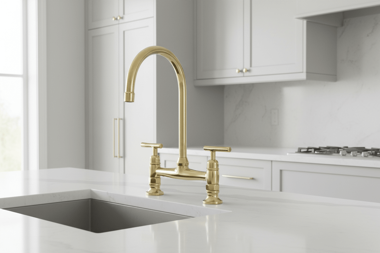 Unlacquered Brass Bridge Kitchen Faucet with Sprayer, Cold Water Faucet - BRASSANOD