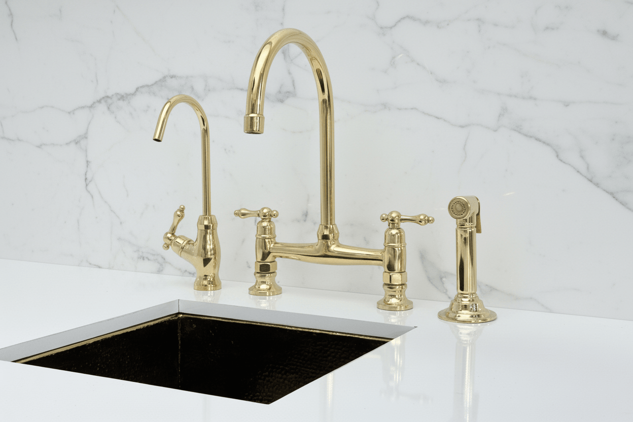 Unlacquered Brass Bridge Kitchen Faucet with Sprayer, Cold Water Faucet - BRASSANOD