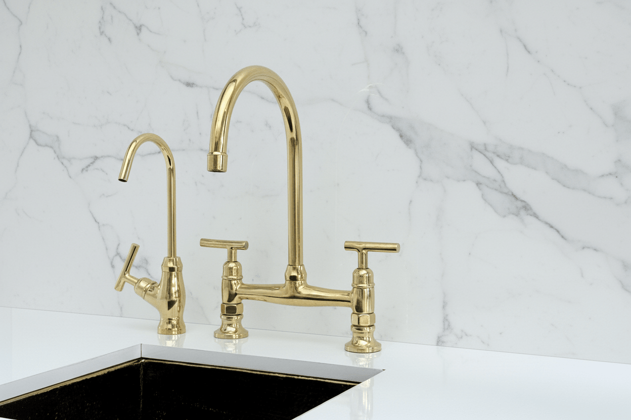 Unlacquered Brass Bridge Kitchen Faucet with Sprayer, Cold Water Faucet - BRASSANOD