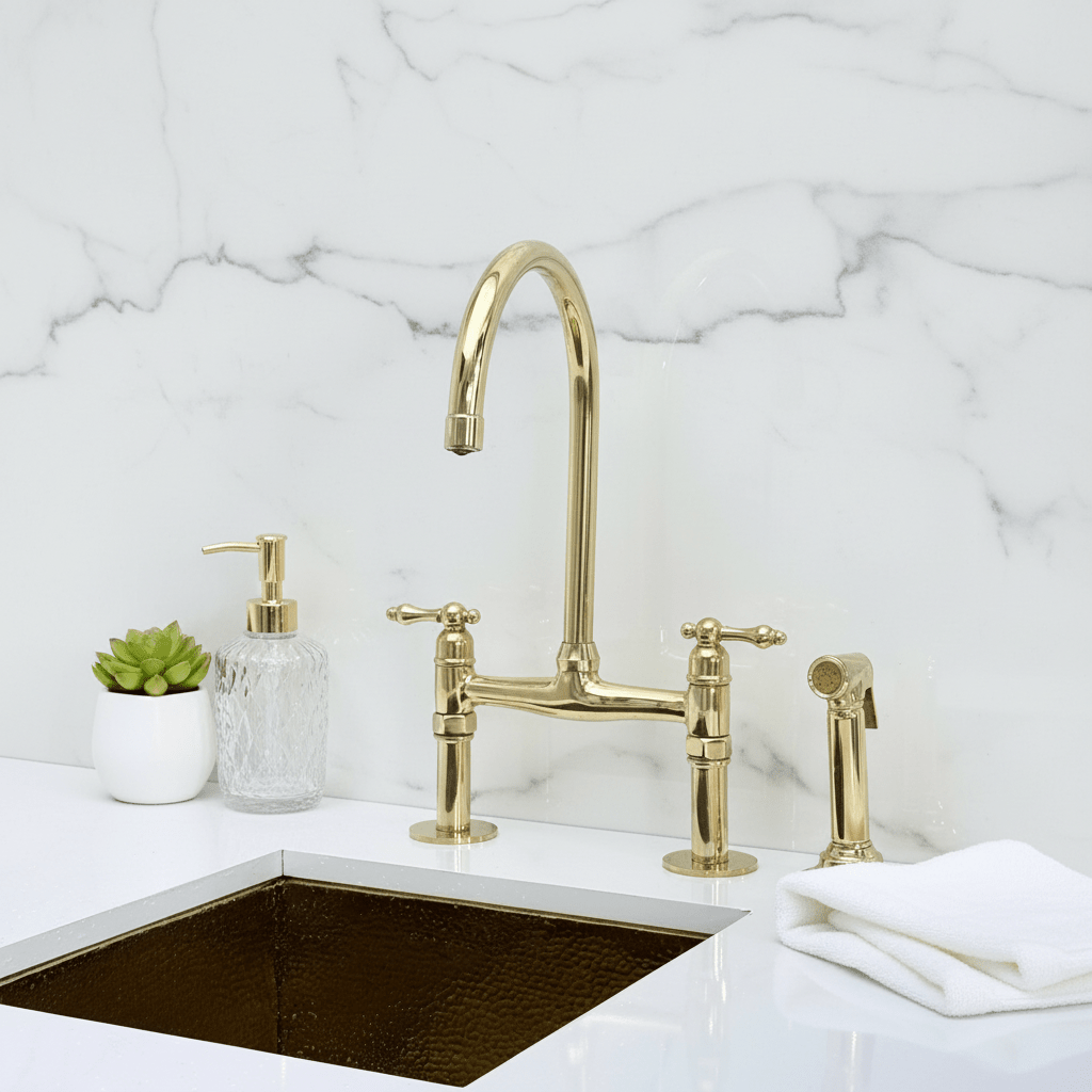 Unlacquered Brass Bridge Kitchen Faucet with Sprayer, Drinking Water - BRASSANOD