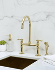 Unlacquered Brass Bridge Kitchen Faucet with Sprayer, Drinking Water - BRASSANOD