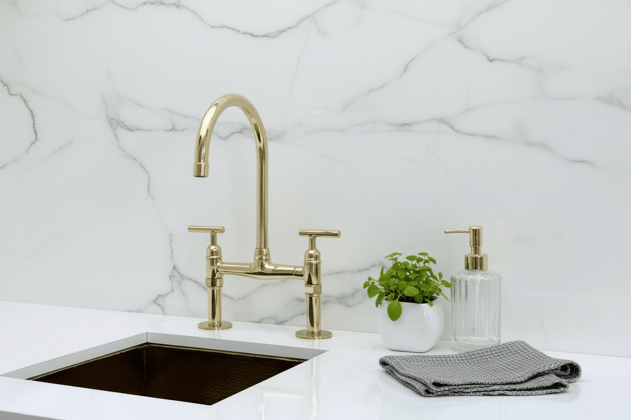 Unlacquered Brass Bridge Kitchen Faucet with Sprayer, Drinking Water - BRASSANOD