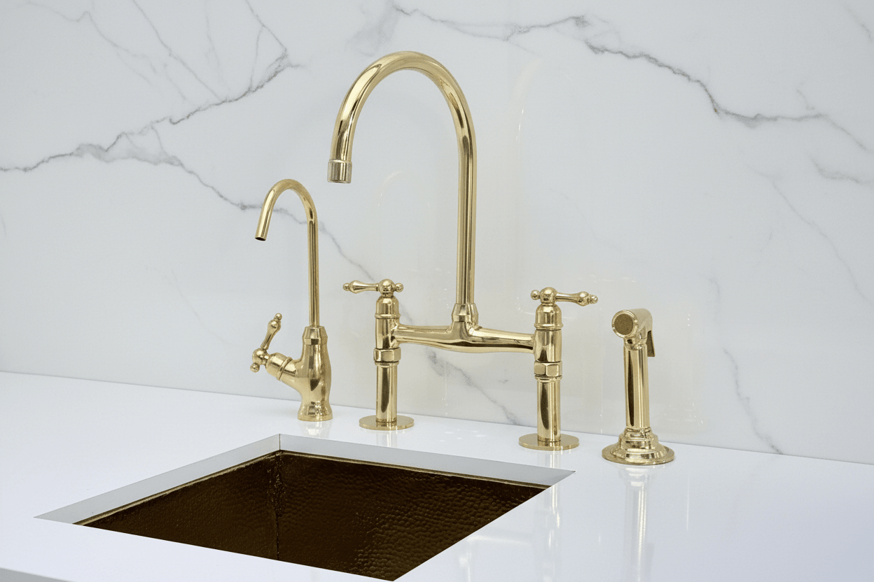 Unlacquered Brass Bridge Kitchen Faucet with Sprayer, Drinking Water - BRASSANOD