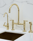 Unlacquered Brass Bridge Kitchen Faucet with Sprayer, Drinking Water - BRASSANOD