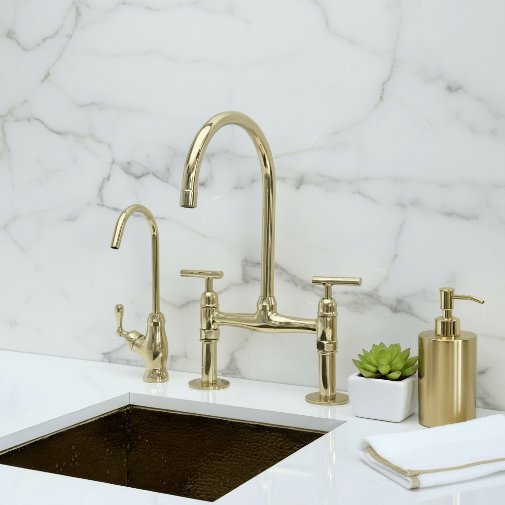 Unlacquered Brass Bridge Kitchen Faucet with Sprayer, Drinking Water - BRASSANOD