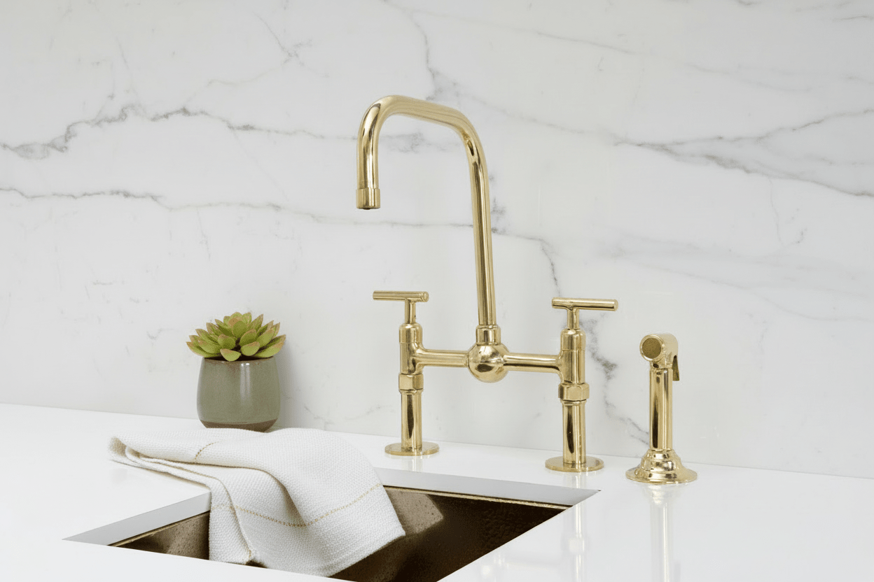 Unlacquered Brass Classic Bridge Faucet with Ball Center, Straight Leg - BRASSANOD
