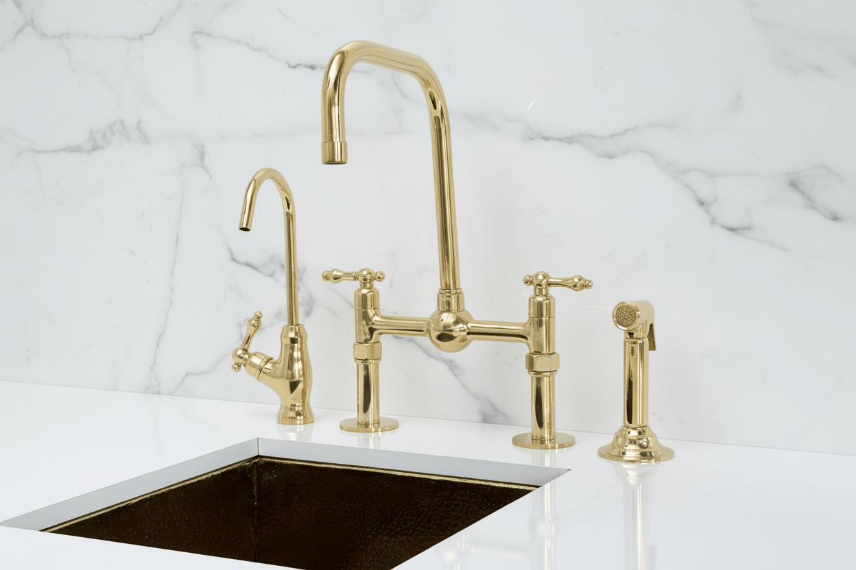 Unlacquered Brass Classic Bridge Faucet with Ball Center, Straight Leg - BRASSANOD