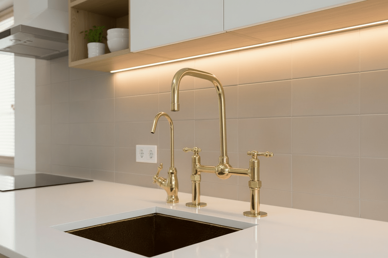 Unlacquered Brass Classic Bridge Faucet with Ball Center, Straight Leg - BRASSANOD