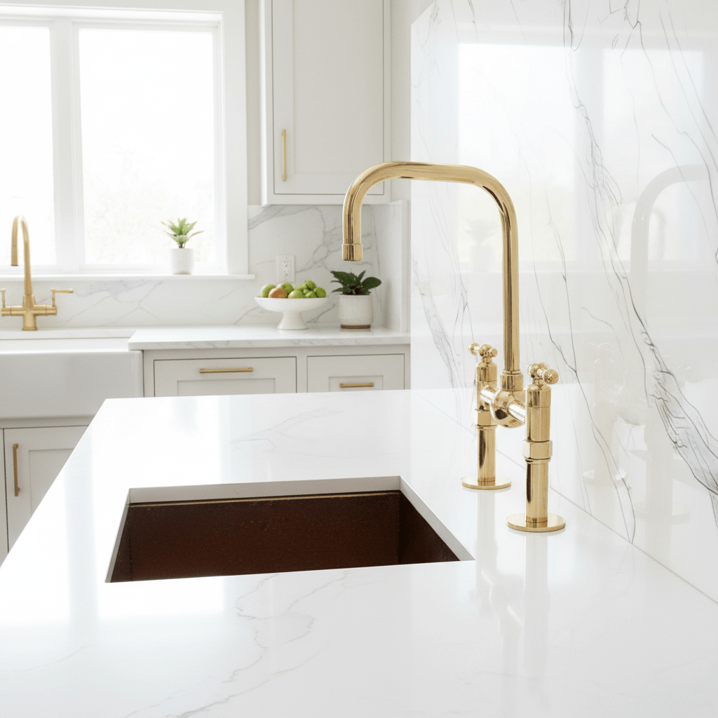 Unlacquered Brass Classic Bridge Faucet with Ball Center, Straight Leg - BRASSANOD