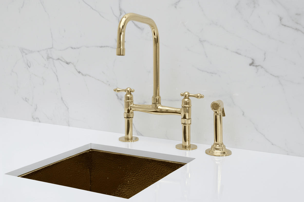 Unlacquered Brass Classic Bridge Faucet with Sprayer, Cold Water Faucet - BRASSANOD