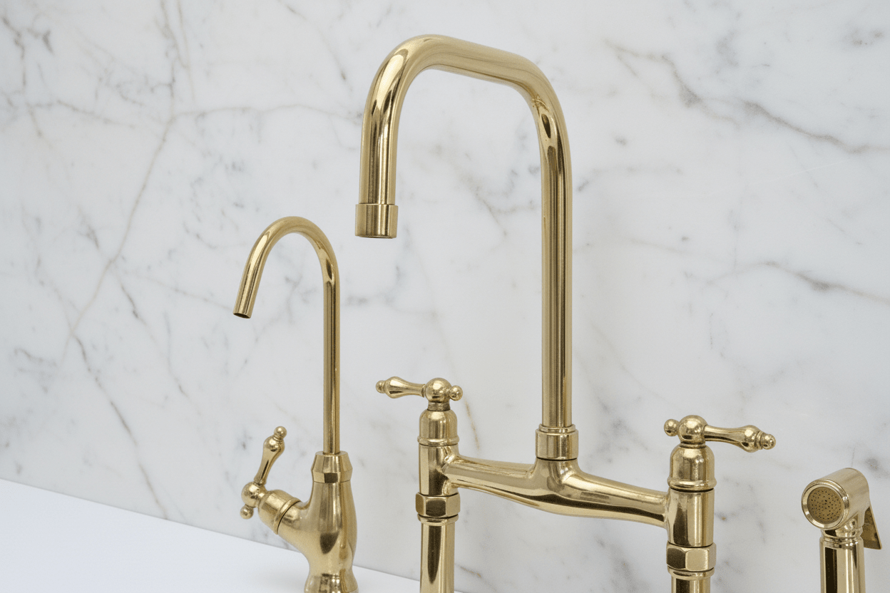 Unlacquered Brass Classic Bridge Faucet with Sprayer, Cold Water Faucet - BRASSANOD