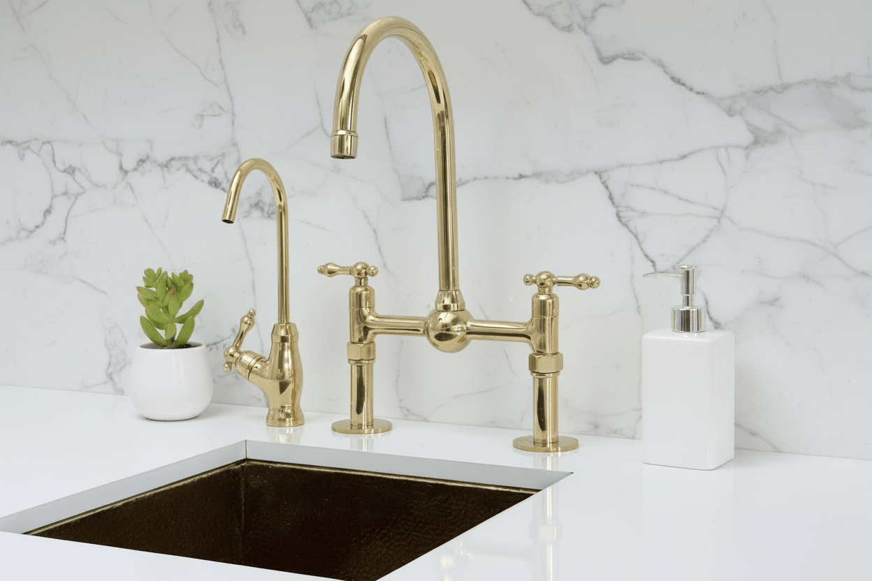 Unlacquered Brass Kitchen Bridge Faucet with Ball Center, Sprayer, cold water faucet - BRASSANOD