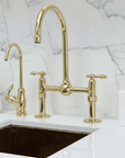 Unlacquered Brass Kitchen Bridge Faucet with Ball Center, Sprayer, cold water faucet - BRASSANOD
