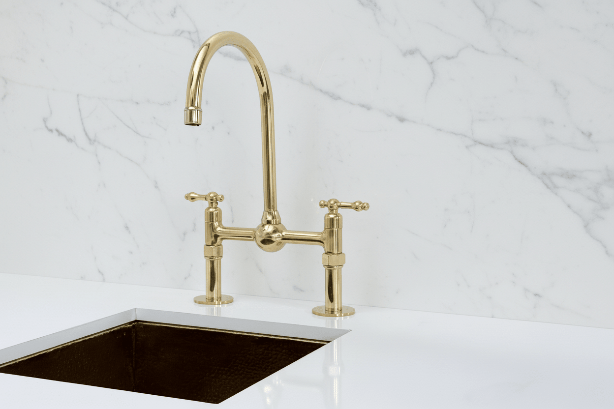Unlacquered Brass Kitchen Bridge Faucet with Ball Center, Sprayer, cold water faucet - BRASSANOD