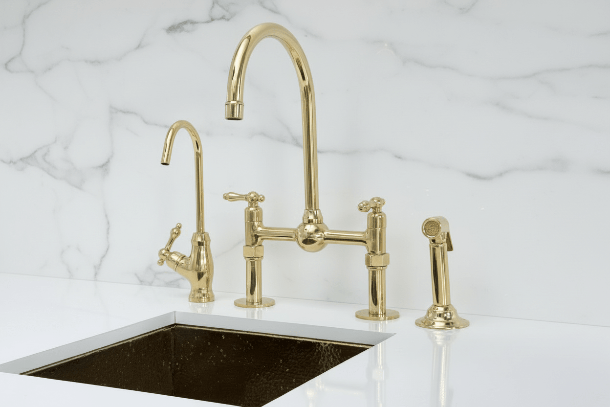 Unlacquered Brass Kitchen Bridge Faucet with Ball Center, Sprayer, cold water faucet - BRASSANOD