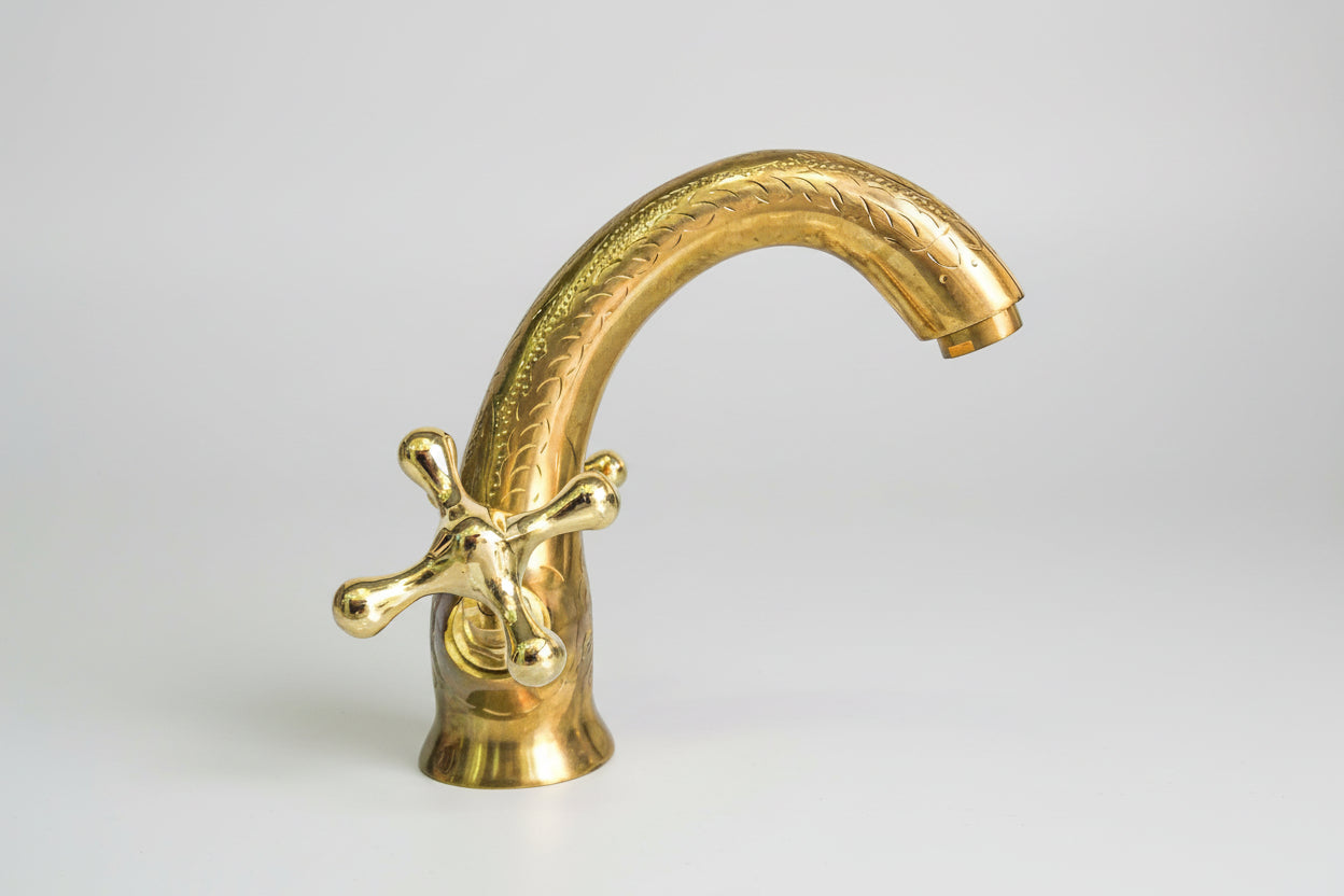 Unlacquered Engraved Brass Single Hole Bathroom Faucet - BRASSANOD