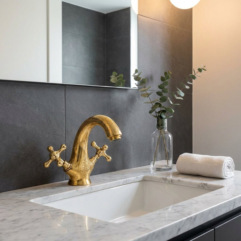 Unlacquered Engraved Brass Single Hole Bathroom Faucet - BRASSANOD