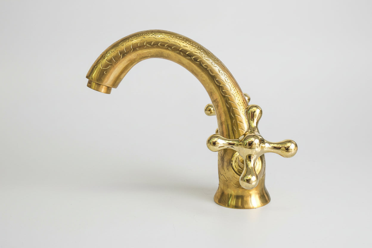 Unlacquered Engraved Brass Single Hole Bathroom Faucet - BRASSANOD